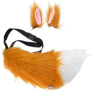 Detailed view of faux fur orange fox tail with white tip and matching plush clip-on ears