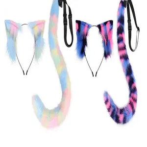 Detail view of colorful faux fur animal ears and tails for Halloween cosplay costumes
