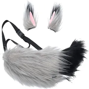 Detailed view of grey and black faux fur fox tail and ears set for cosplay costumes