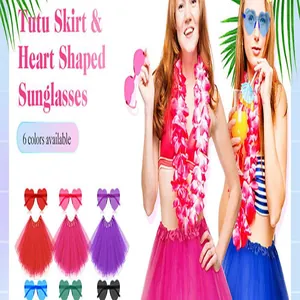 1980s party costume set featuring colorful tutu skirts and heart-shaped sunglasses