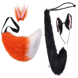 Detailed view of fluffy faux fur animal tail and ear headband set for Halloween cosplay