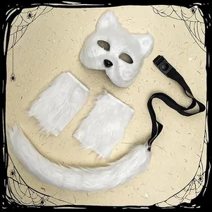 Detailed view of white faux fur fox mask, paws, and tail set for Halloween cosplay.