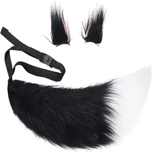 Macro detail of faux fur anime cosplay set featuring black and white fox tail and cat ears