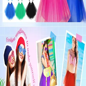 Detailed view of 1980s party costume set with colorful tutu skirts and heart sunglasses