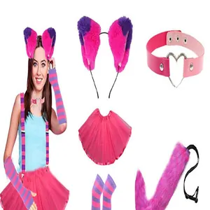 Detailed view of pink fox ears headband, tail, and tutu cosplay costume set