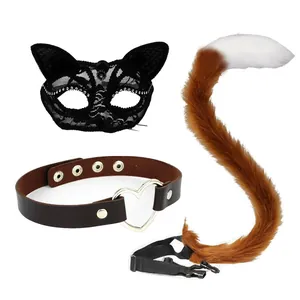 Details of black lace cat mask, heart choker, and faux fur tail set for Halloween cosplay.