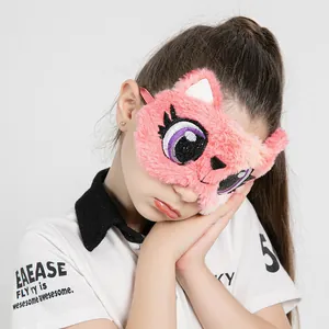 Cute pink plush cartoon cat eye mask for sleeping, light blocking and travel comfort