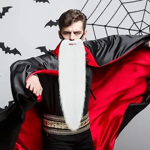 Detail showing a long white fake beard on a model for Halloween cosplay costume.