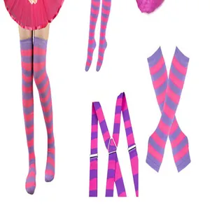 Pink and purple striped cosplay accessories including socks, arm warmers and suspenders