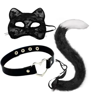 Faux Fur Cat Fox Ears Headband Tail Choker Lace Mask Set Halloween Cosplay Costume Accessories For Women Party Dress Up