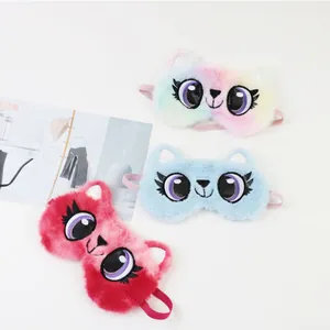 Set of three cute plush cartoon cat sleep masks in pink, blue, and rainbow colors