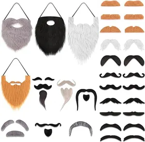 Variety set of fake beards and mustaches in black white brown for costume party cosplay.