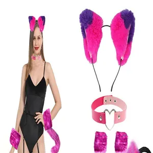 Detailed view of pink faux fur fox ear headband and accessories set for cosplay