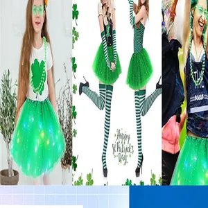 St. Patrick's Day costume detail featuring green LED tutu and clover accessories