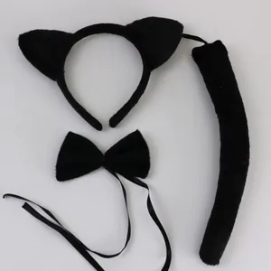 Three-piece black cat costume set including plush cat ears, bow tie and tail for kids.