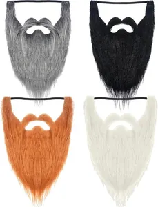 Detailed view of four colorful fake beards with elastic bands for party costume role-play