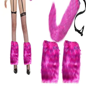 Close-up of vibrant pink faux fur wolf tail and matching furry leg warmers for cosplay