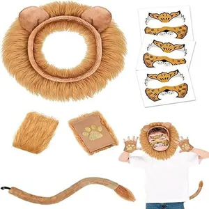 Detailansicht Löwenkostüm-Set für Kinder mit Mähnen-Stirnband Plüschschwanz und Gesichtsstickern