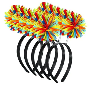 Detailed view of colorful pom-pom headbands on springs for festive Hawaii parties.
