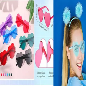 Colorful rimless heart-shaped sunglasses with pom-pom headband for 1980s themed party costume