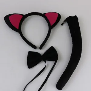 Detail view of 3pcs black cat costume set including ear headband, bow tie, and tail.