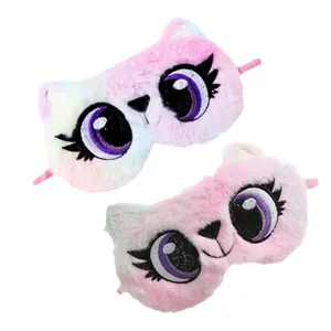 Pair of cute cartoon cat plush sleep eye masks in pink and rainbow gradient colors.