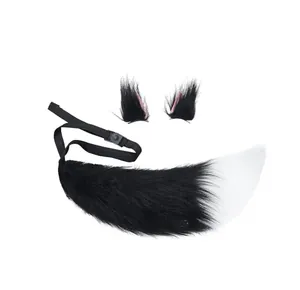 Detailed view of the black and white faux fur fox tail and clip-on cat ears cosplay set