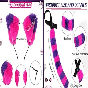 Detail view of faux fur wolf ears and bendable tail with size measurements for cosplay.