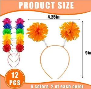 12-pack colorful Hawaii pom-pom headbands with size dimensions and 6-color variety