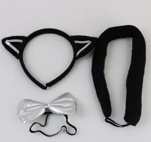 Close-up detail of 3pcs black cat costume set with furry ears headband bow tie and tail