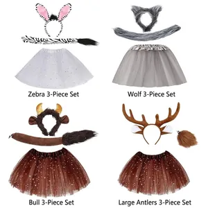 Set of 4 kids animal costumes featuring ears headband, tail and sparkling tutu skirts