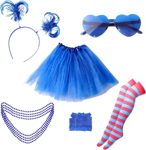 Complete 1980s blue party costume set with tutu, heart glasses, and neon accessories.