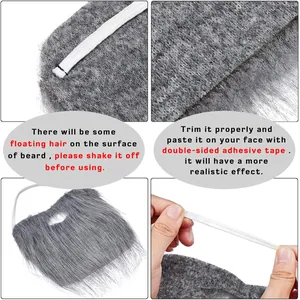 Detailed view of grey synthetic cosplay beard showing fur texture and elastic band