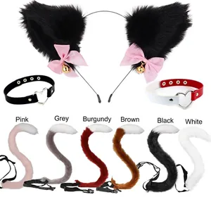 Complete faux fur cat ear headband and plush tail set for Halloween cosplay accessories