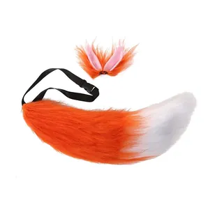 Close-up view of the orange and white faux fur fox tail and pink inner cat ears cosplay set.