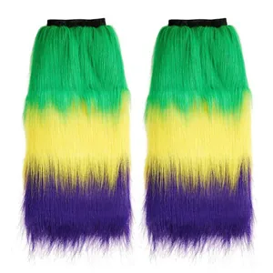 Pair of green yellow and purple striped faux fur leg warmers for cosplay costume