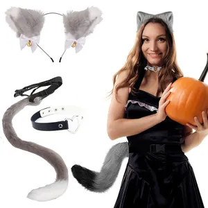 Faux fur animal ear headband and tail set for Halloween cosplay costume accessories.