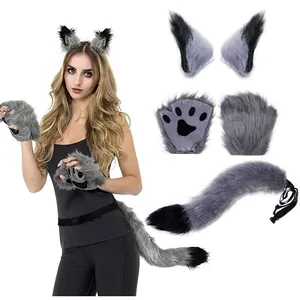 Faux Fur Fox Ears Tail Collar Bell Set Cosplay Halloween Costume Accessories Realistic Animal Ears Headband Plush Tail Choker