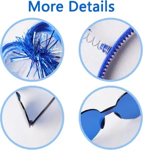 Detailed views of 1980s party accessories including blue tinsel and heart glasses.