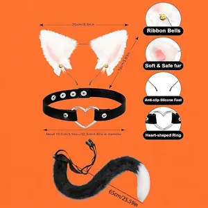 Soft faux fur cat ear headband with tail and heart choker cosplay costume set