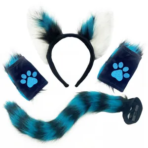 Faux fur fox wolf ears headband tail and paws set with vibrant teal and black stripes