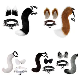 Detailed display of faux fur fox ears and tail sets with bell collars in five colors
