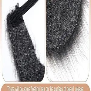 Macro detail showing texture and elastic band of black synthetic costume fake beard