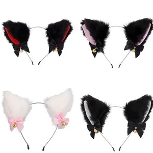 Set of four colorful faux fur cat ear headbands with bows and bells for cosplay.