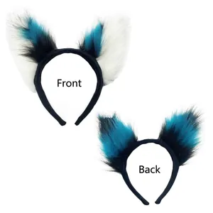 Detail of faux fur fox wolf ear headband showing front and back views for cosplay