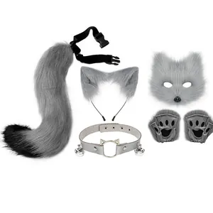 Detailed display of grey faux fur fox cosplay set including mask, ears, tail, and paws
