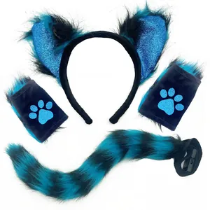 Detailed view of 4-piece blue glitter faux fur animal ear and tail cosplay accessory set