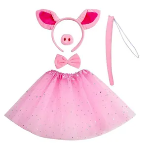 Rosa Schweinchen Kostümset mit Ohren-Stirnband, Nase, Fliege, Schwanz und Tüllrock.