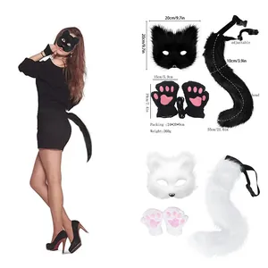 Detailed view of fox fur cosplay set components with mask, gloves and dimensions