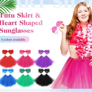 Vibrant Hawaiian party costume set including colorful tutu skirt and heart shaped sunglasses